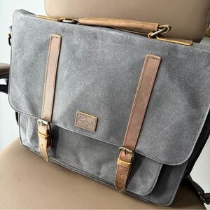 Gray Canvas Messenger Bag with Brown Leather Trim